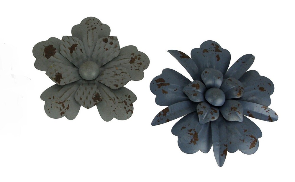 Scratch & Dent Blue and Grey Metal Art Flower Wall Sculptures Set of 2