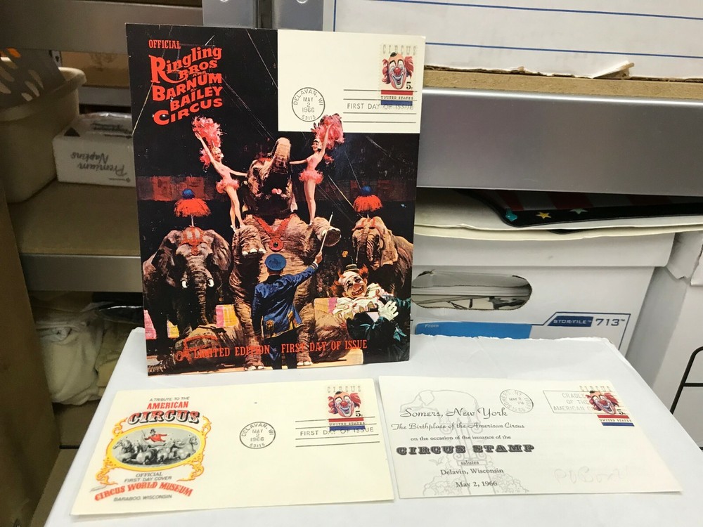 VINTAGE FIRST DAY CIRCUS LOU JACOBS STAMP - 3 VERSIONS ALL ONE PRICE May 2, 1966-image