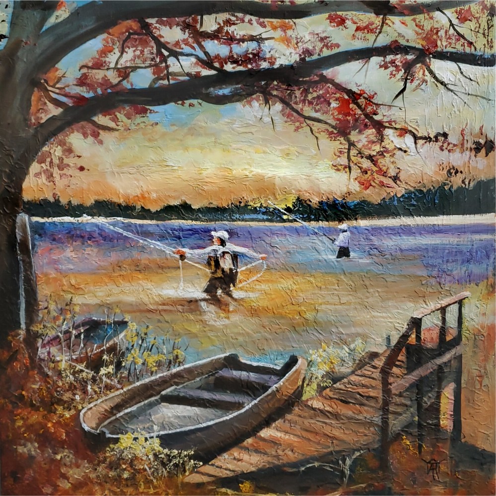 YARY DLUHOS Fly Fishing Anglers Sunset Lake Landscape Original Art Oil Painting