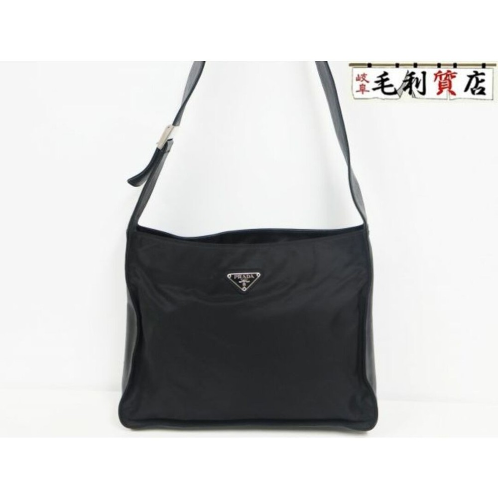 RARE Prada Nylon Leather Shoulder Bag B8549 Black Unisex with Triangle Logo
