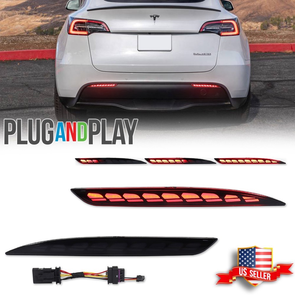 Smoked LED Tail Brake Signal Bumper Reflector Lights For 2021-2024 Tesla Model Y