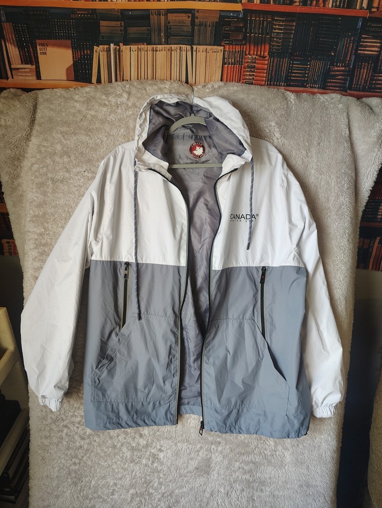 Canada Weather Gear Hooded Colorblock Windbreaker Jacket Gray/White XL