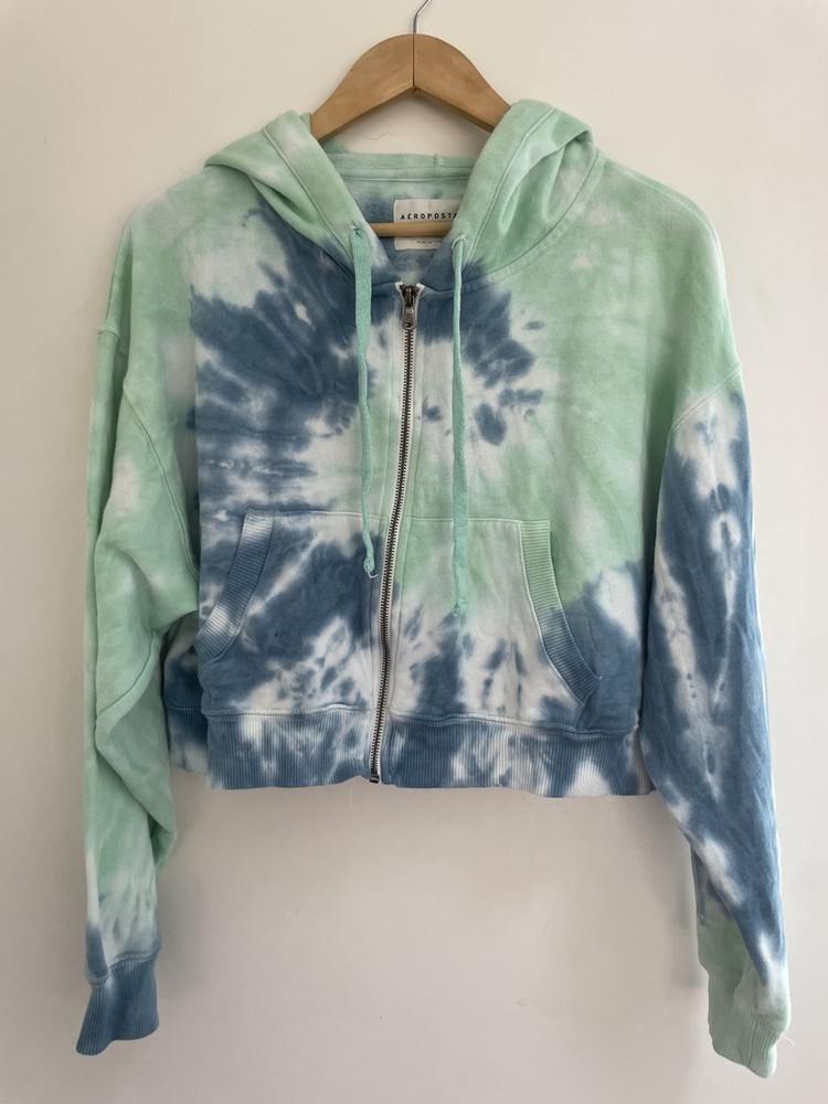 Aeropostale Women's Tie Dye Cotton Blend Cropped Full Zip Hoodie Blue Green S