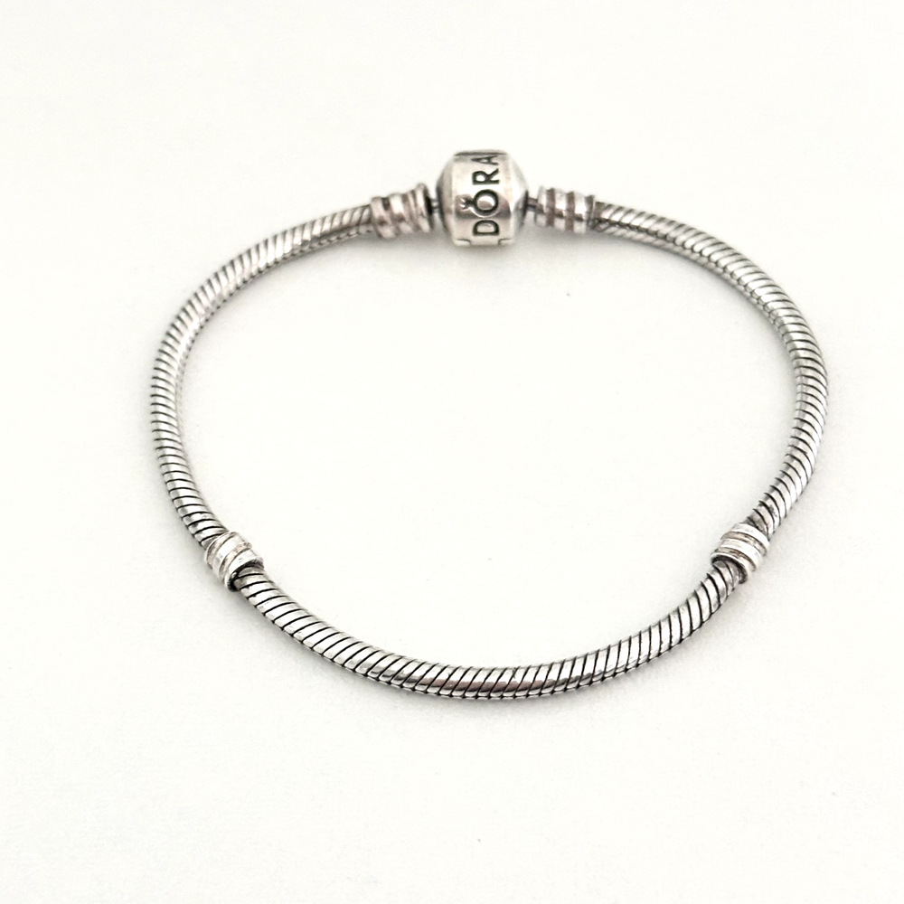 Pandora Sterling Silver Snake Chain Crown Logo Charm Bracelet 7.1 Inches