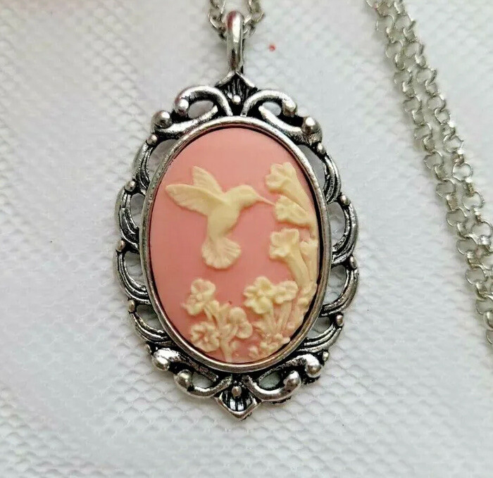 Mothers Day Mom Birthday Anniversary Gift Pink White Hummingbird Cameo Necklace-image