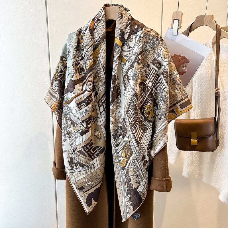70% Cashmere & 30% Silk Wrap Scarf Street Print Double Face Square Shawl 53