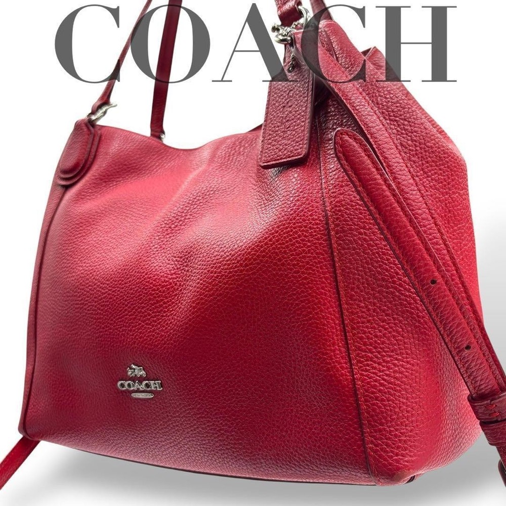 Coach Leather Tote Shoulder Bag in Red with Diagonal Strap and Carriage Bracket