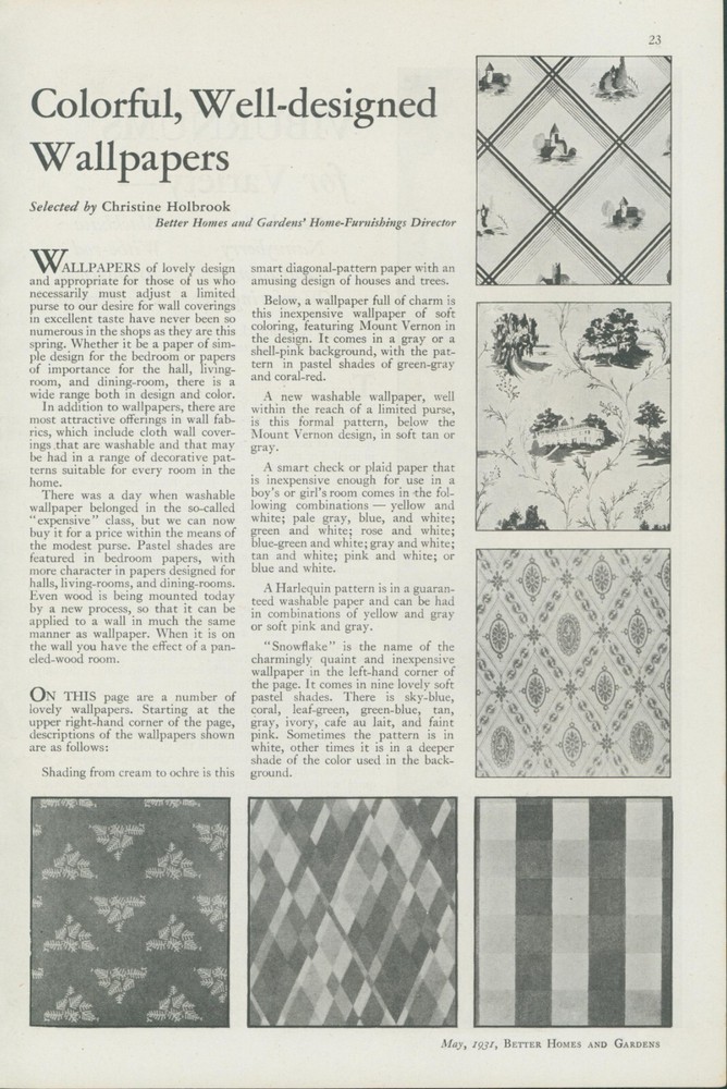 1931 Colorful Mount Vernon Harlequin Washable Wallpaper Design Story BH3