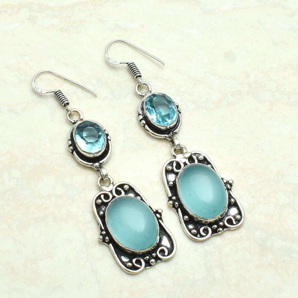 Cat Eye Blue Topaz Gemstone Handmade Drop Dangle Earrings Jewelry 2.32