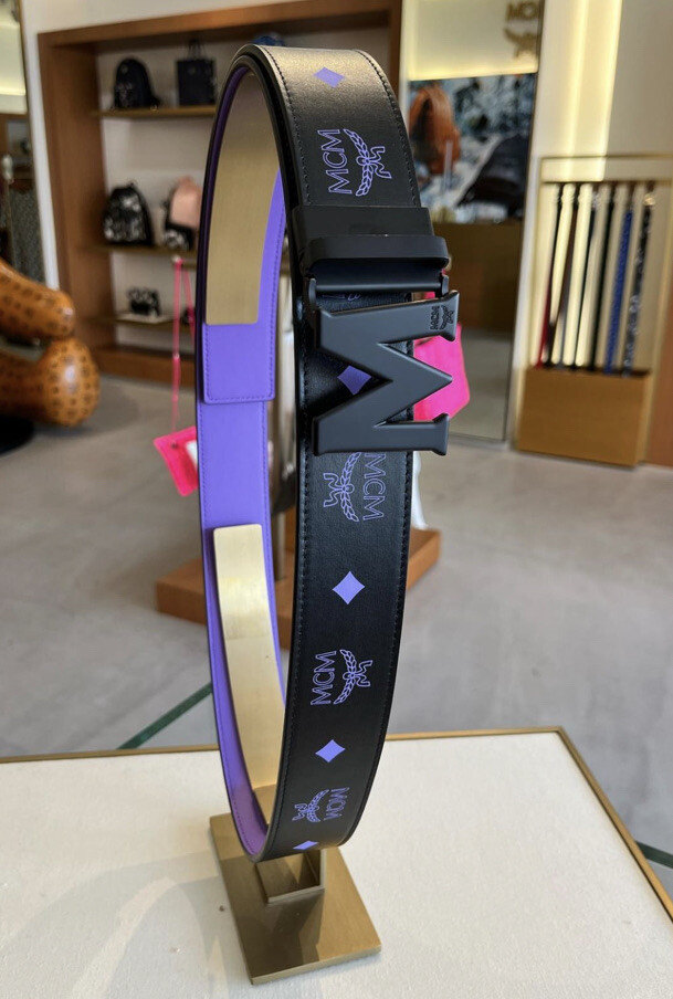 MCM Men Purple Color M Logo Buckle Reversible Leather Belt One Size $365+ Tax