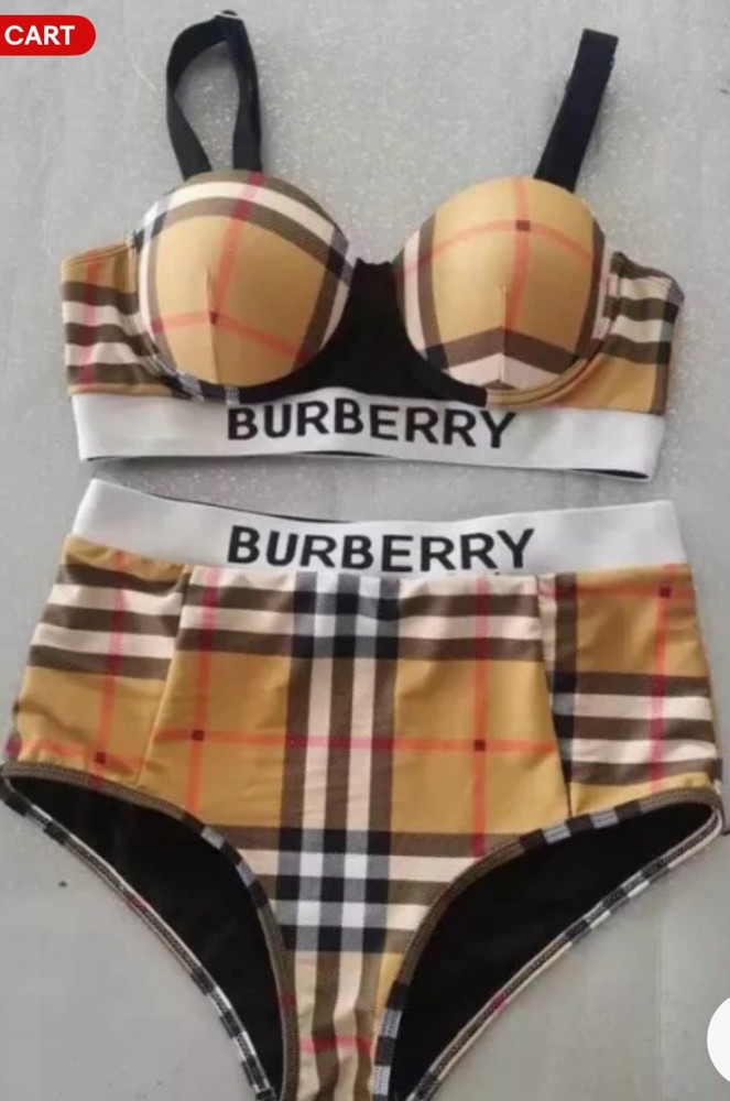 Burberry Plaid Black Tan French Two-Piece Bikini Swimsuit Womens XL
