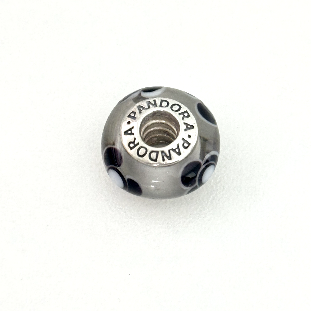 Pandora Floral Murano Glass Black White Flowers Sterling Silver Charm