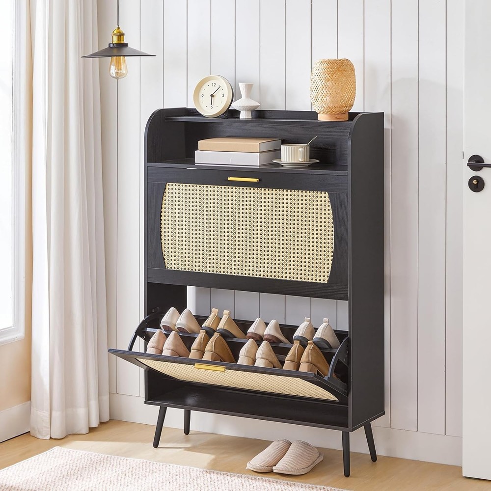HOOBRO Black Rattan Shoe Storage Cabinet 31.5x9.4x45.3 Inches