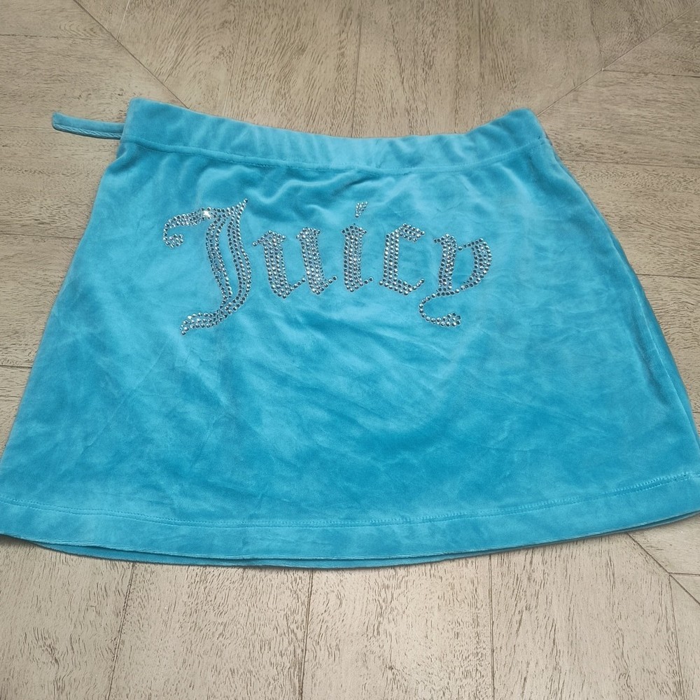 NWT Juicy Couture Mini Skirt MediumTeal Velour Velvet Faux Wrap Y2K Rhinestones
