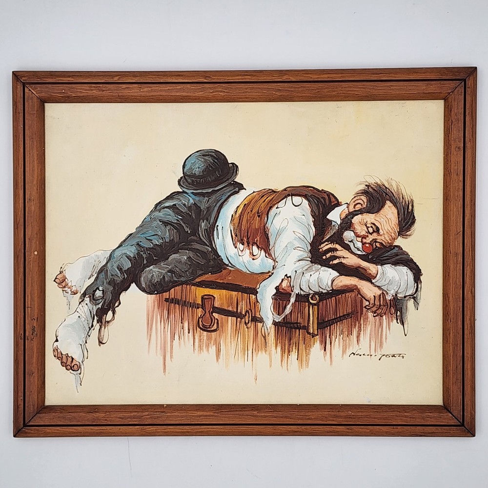 Original Oil Painting Mid-Century Hobo Clown Sleeping on Trunk Signed Framed Art