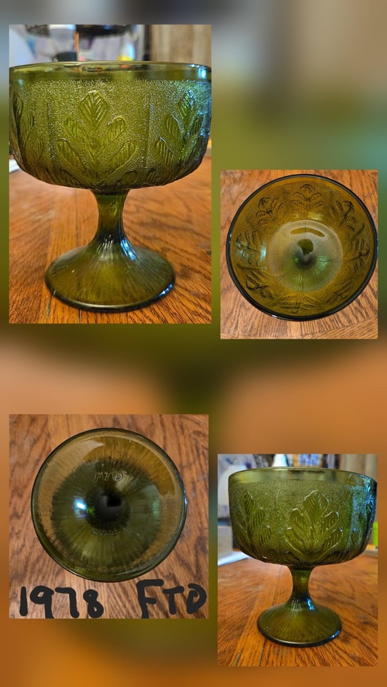 1978 FTD Avocado Green Glass Pedestal Bowl with Leaf Design