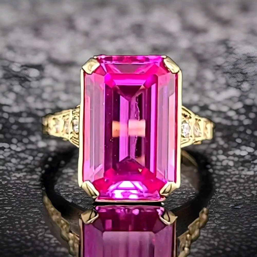 4.25 Ct Emerald Cut Natural Pink Sapphire Diamond Wedding Ring 14K Yellow Gold