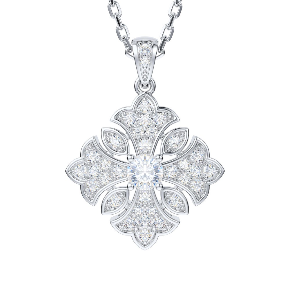 Vintage Moissanite Sterling Silver Cross Pendant with Clover Flourish Detail