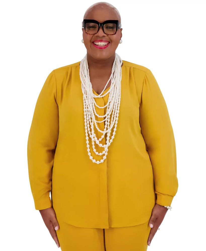 Kasper Women's Top Sz XL V-Neck Button-Front Long-Sleeve Blouse