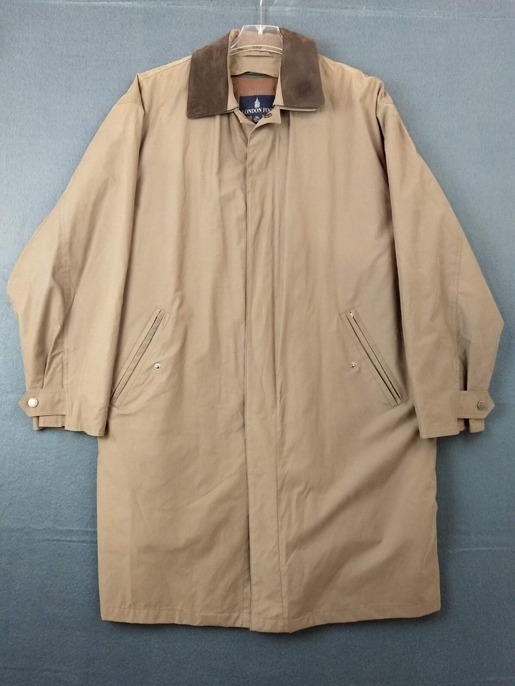 London Fog Men's XL Long Raincoat with Removable Liner, Suede Collar, Single-Breasted Waterproof Design