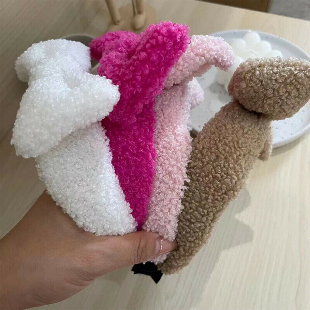 Women Cute Big Bow Headband Fuzzy Plush Candy Color Makeup Spa Bowknot Hair Hoop