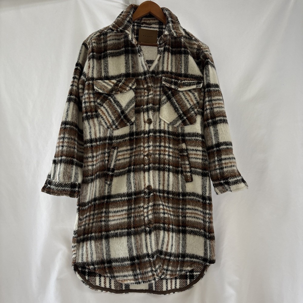Blank NYC Womens Small Plaid Fuzzy Shacket Jacket Brown White