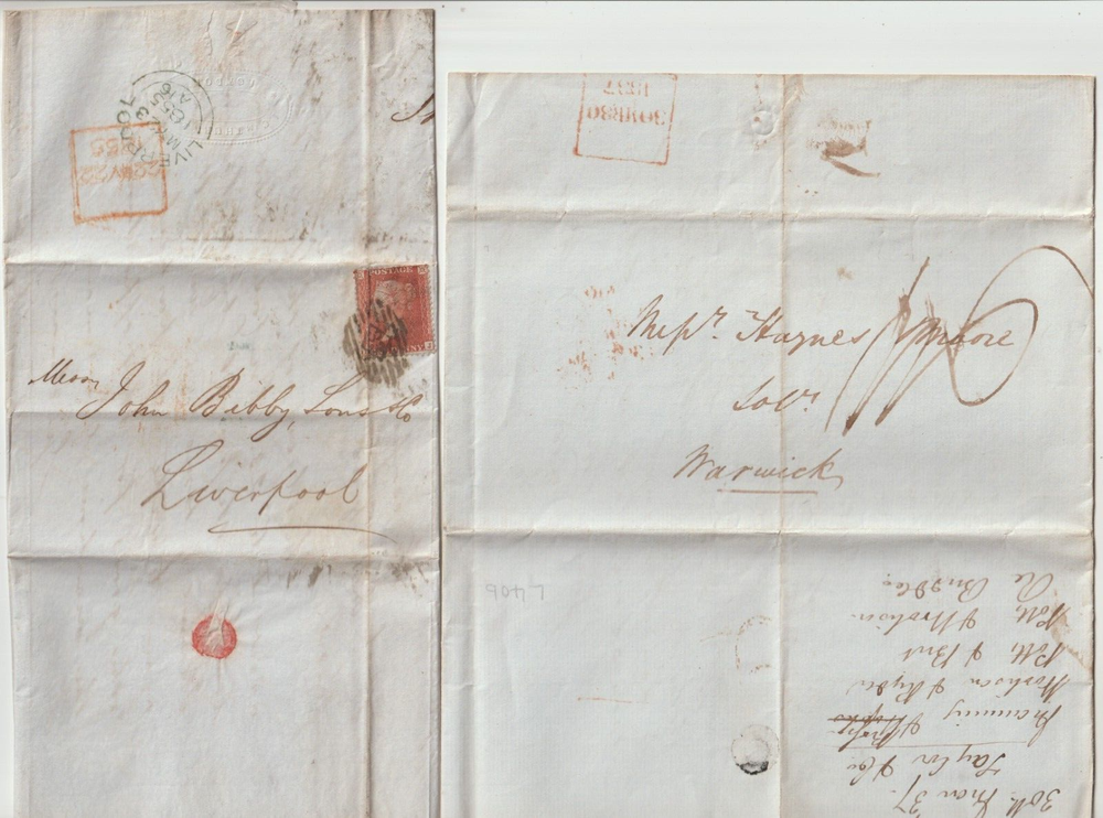 1837/50 2 DIFF RED BOXED LONDON LATE FEE PMK LETTERS L40b & L41 - 1d & 1/6d POST