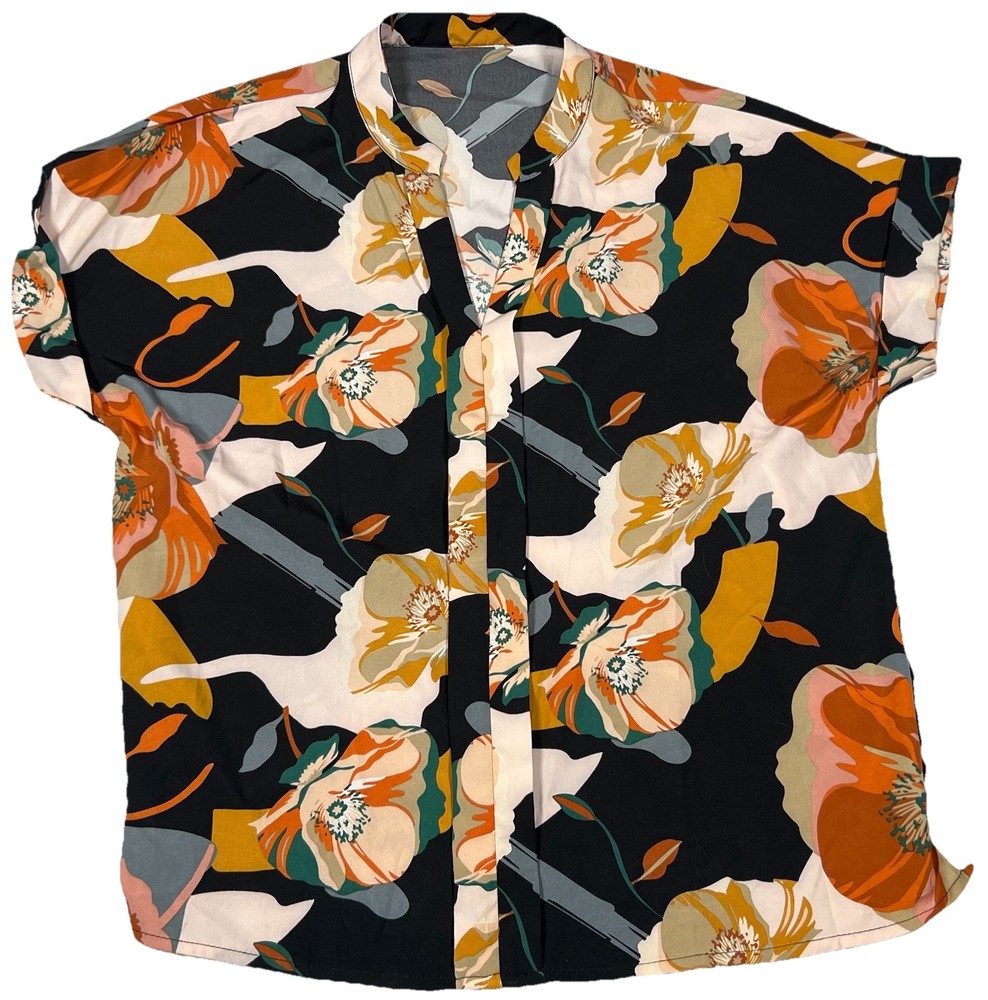Womens Multicolor Floral V-Neck Short Sleeve Flowy Blouse Size Large