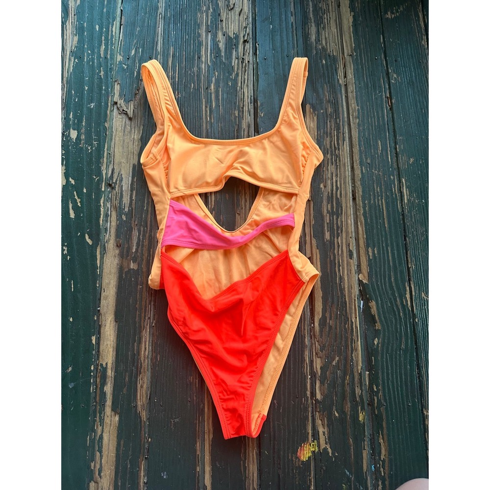 Xhilaration Womens Colorblock Cutout One Piece Swimsuit Orange Pink Red XS