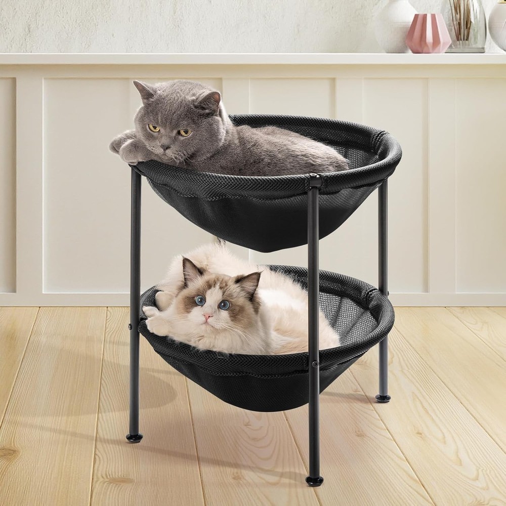 Double Cat Bed Black 2-Tier Hammock with Adjustable Feet 22.8x18.7 Inches-image