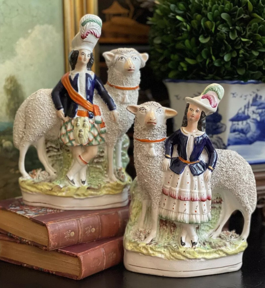 Incredible Rare 19C English Staffordshire Giant Sheep Lamb Nobles Mantle Pair 9”