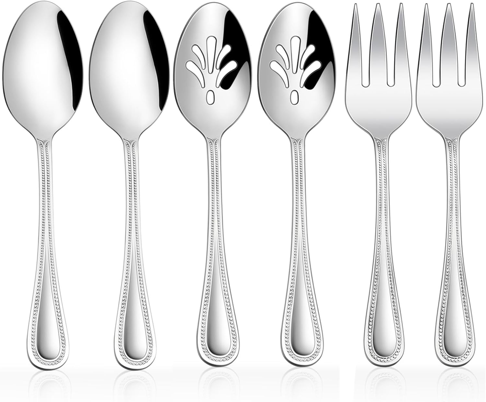 Serving Set,  6 Pieces Stainless Steel Silverware Serving Utensils, Pearled Edge