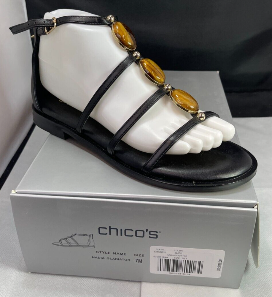 Chico's Nadia Gladiator Beaded Black Leather Sandal 7M