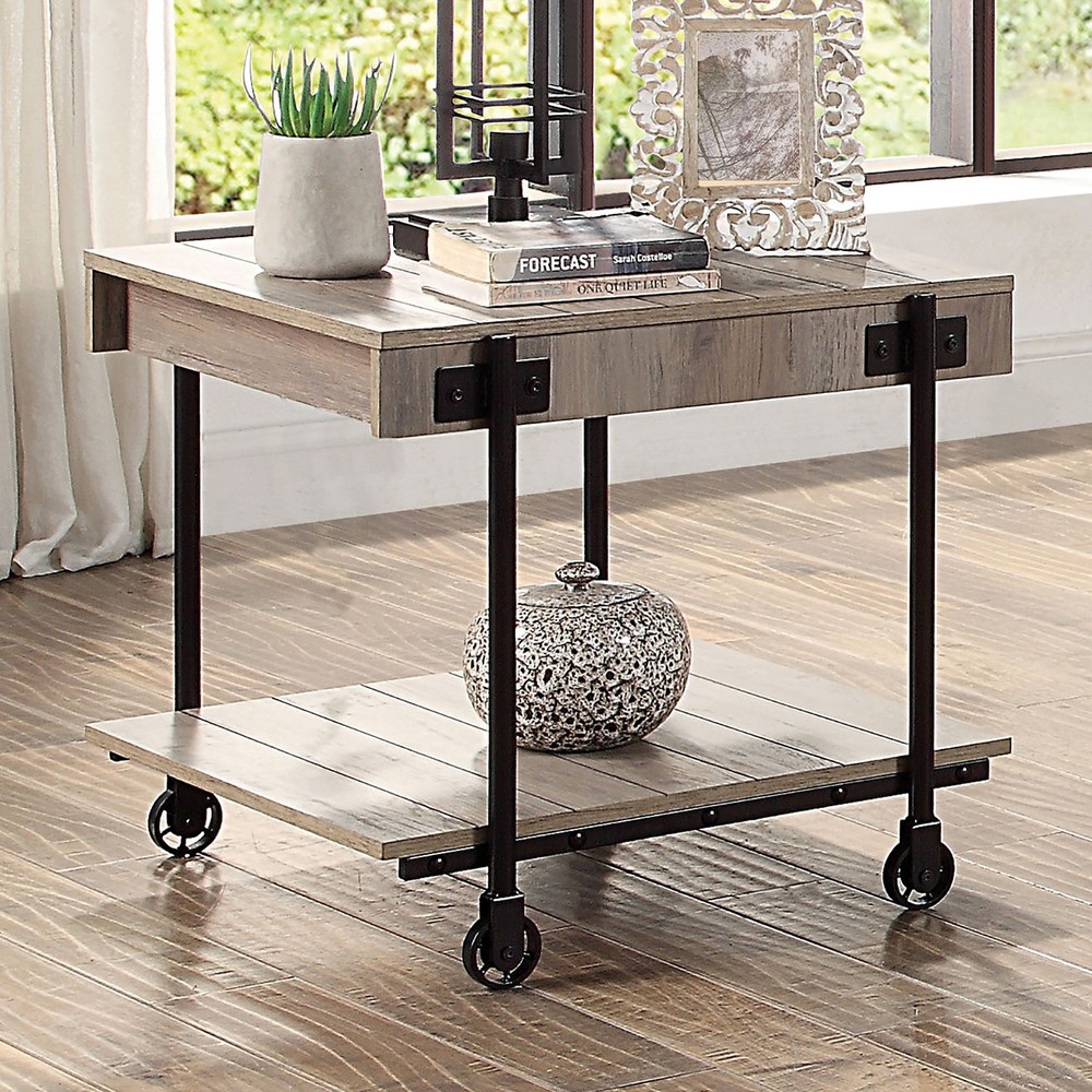 Industrial End Table Open Shelf Reclaimed Wood Look Black Legs
