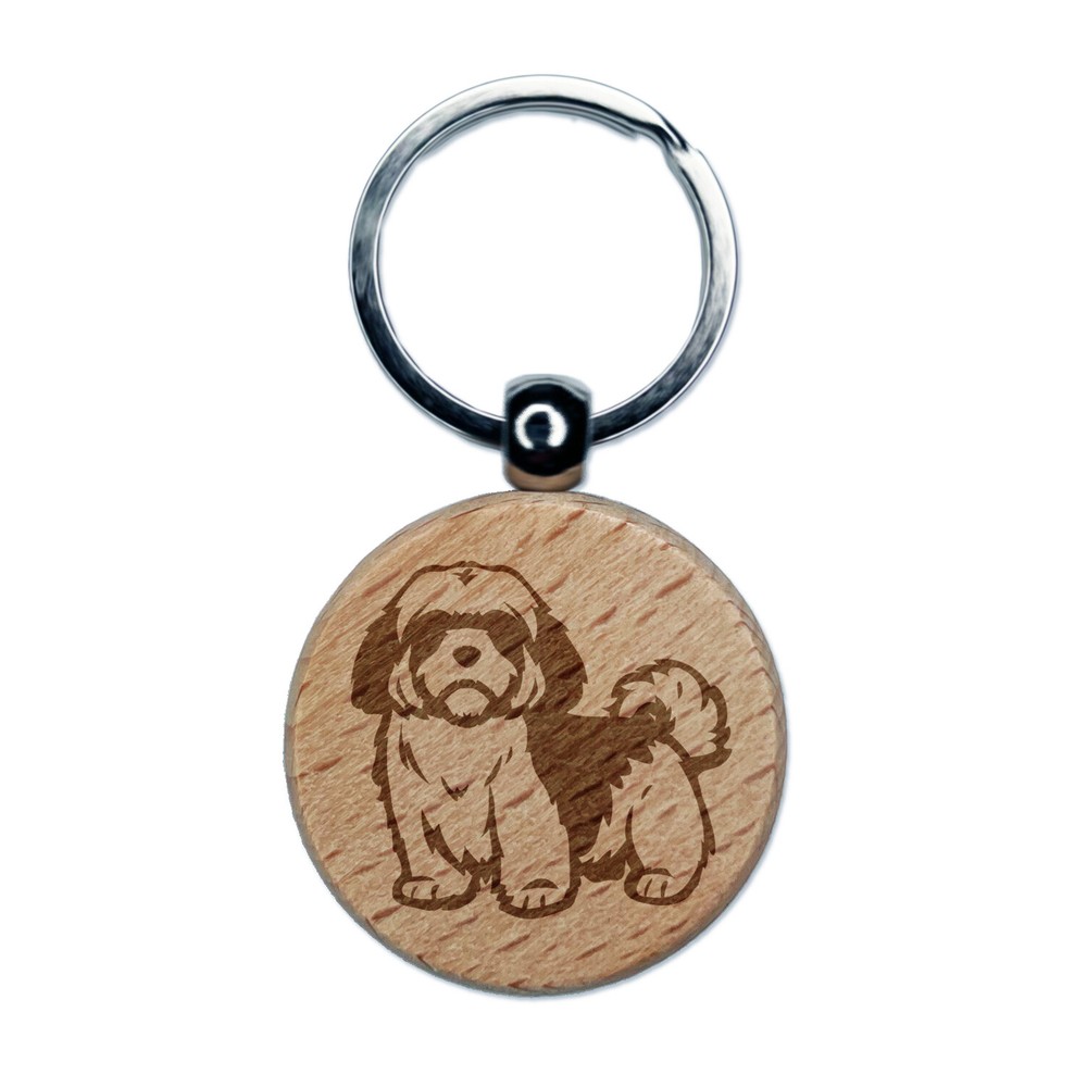 Alert Shaggy Shih Tzu Dog Engraved Wood Round Keychain Tag Charm