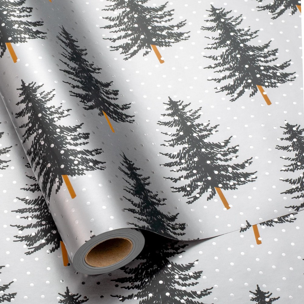 Christmas Gift Wrap Trees - 17 Inch X 33 Feet - Silver White Minimalist Chris...