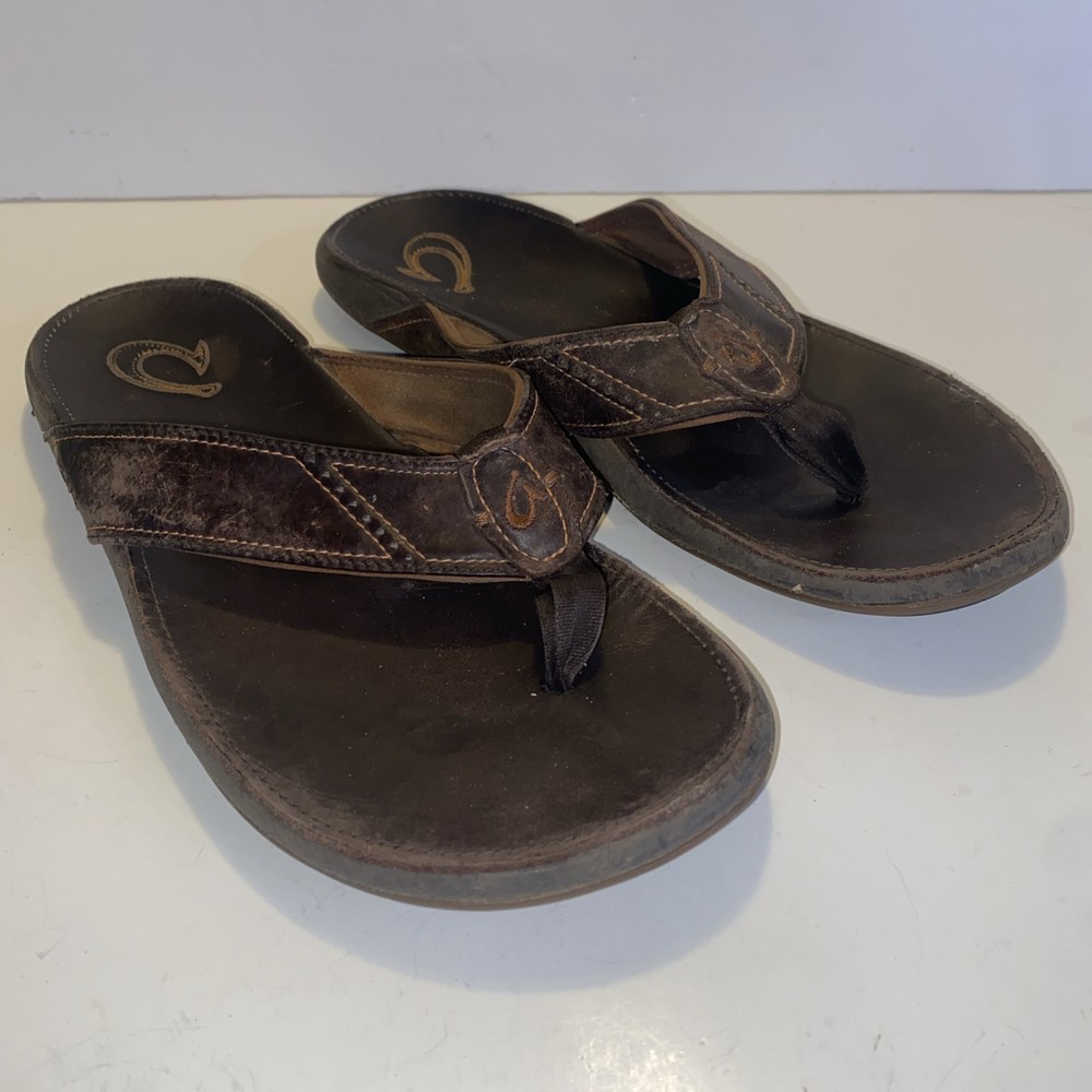 Men's Olukai Ohana Flip Flop Sandals Brown Leather US Size 12
