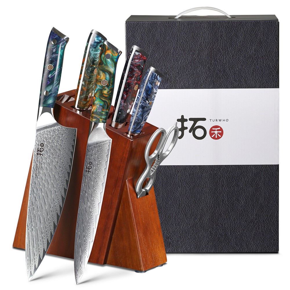 7-Piece TURWHO Kitchen Knife Block Set with VG10 Damascus Steel Chef Knives