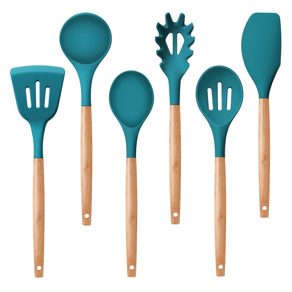 6 PCS Kitchen Utensils, Cooking Utensils Set with Wooden Handle, Silicone Spa...