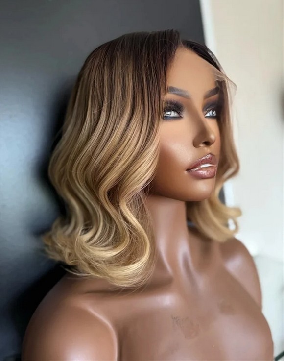 Ombre Blonde Short Wavy Wig 13x4 Lace Front Human Hair Wig for Women