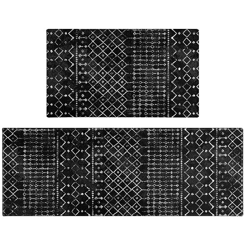 Boho Farmhouse Kitchen Mat Set of 2 Non-Slip Black Rugs for Modern Decor  