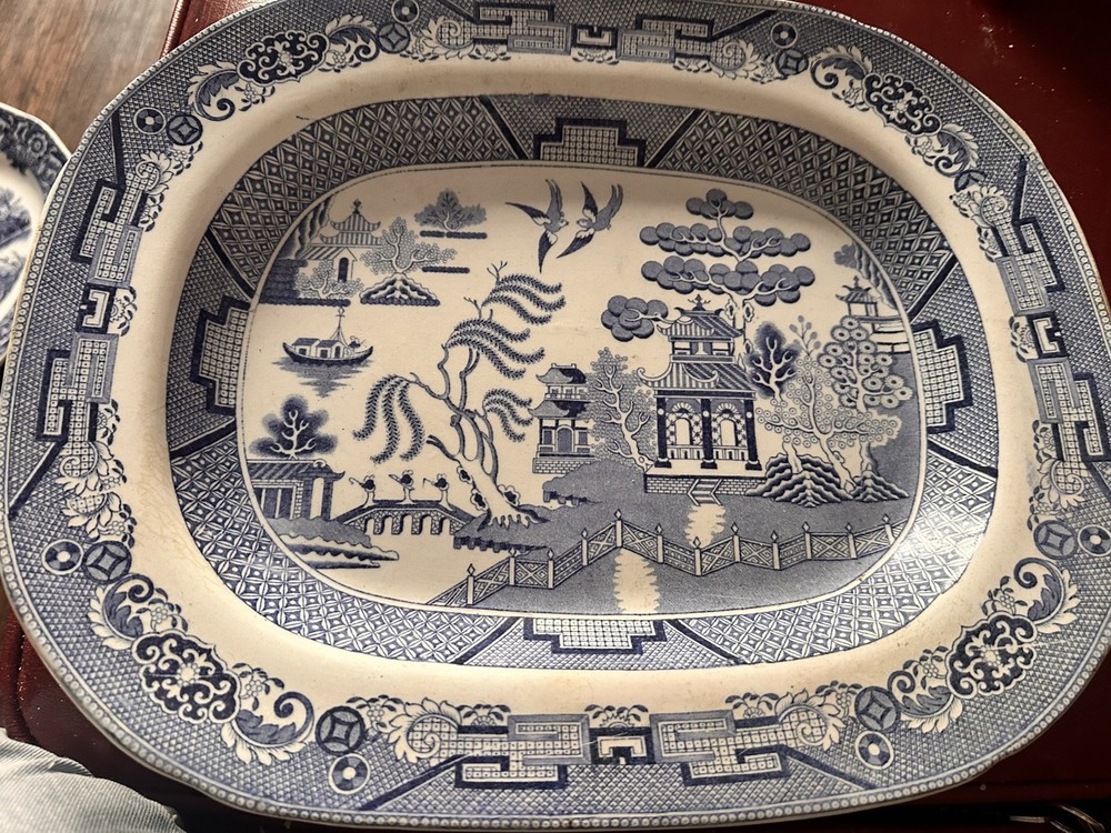 Antique Willow Pattern Staffordshire China Platter Plate Blue White early 1900