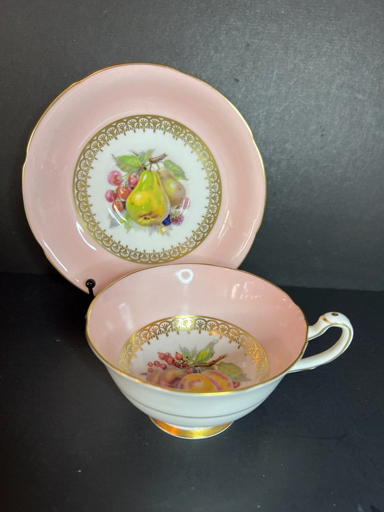 Crack!   Vintage Royal Grafton  Bone China Pink Gold Rim Fruit Tea Cup & Saucer