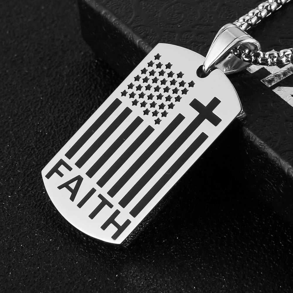 American Flag Cross Necklace for Men Bible Verse Faith Dog Tag Pendant Chain
