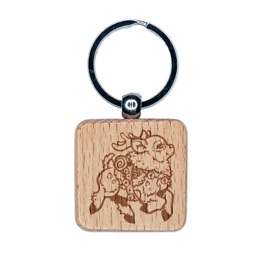 Festive Prancing Holiday Christmas Reindeer Bells Engraved Wood Square Keychain