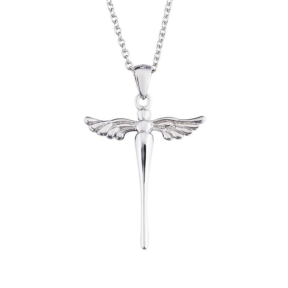 925 Sterling Silver Cross with Angel Wing Charm Pendant Rolo Chain Necklace, 18