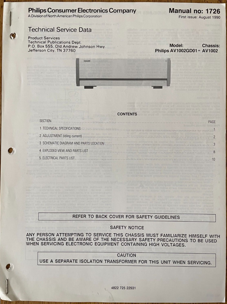 PHILIPS 1726 AV1002GD01 AV1002 AMPLIFIERS ORIGINAL SERVICE REPAIR MANUAL