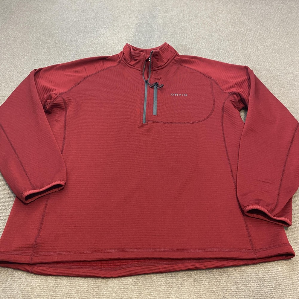 Orvis Pullover Mens Large Red Quarter Zip Fleece Hiking Fishing Waffle Outdoors