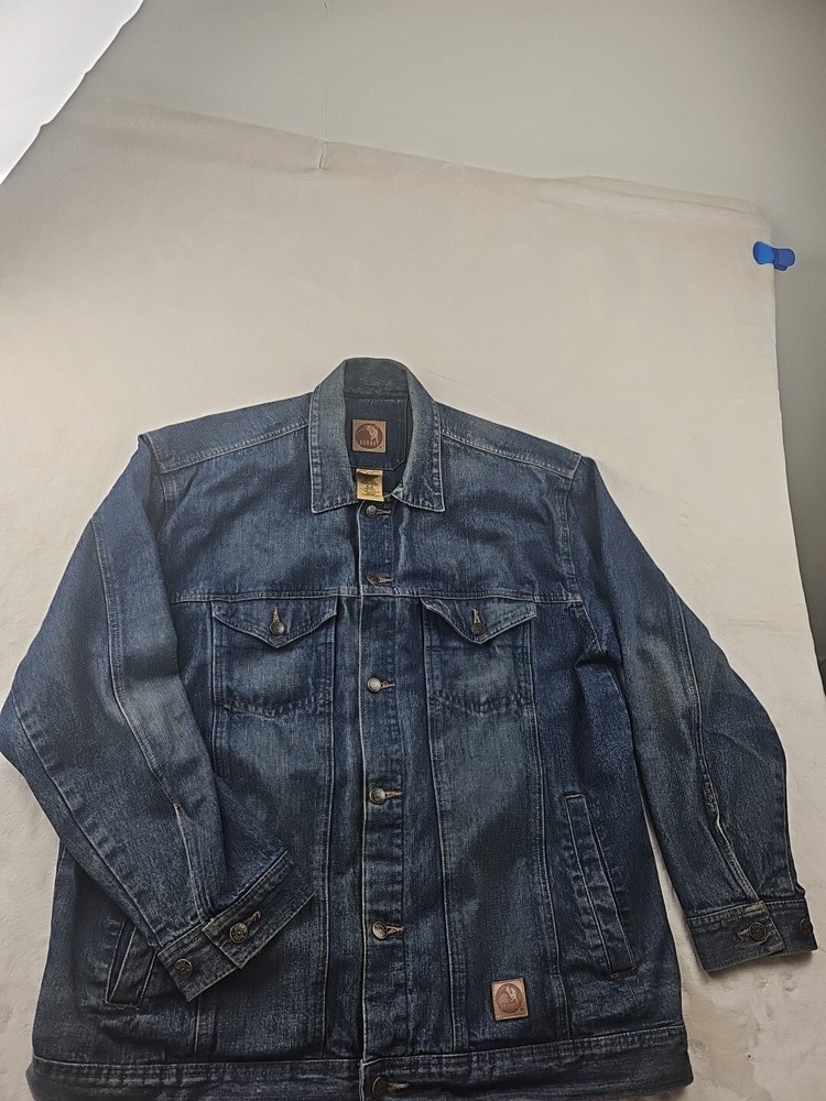 80s Retro Blue Denim Biker Jacket for Men - Size XL Regular