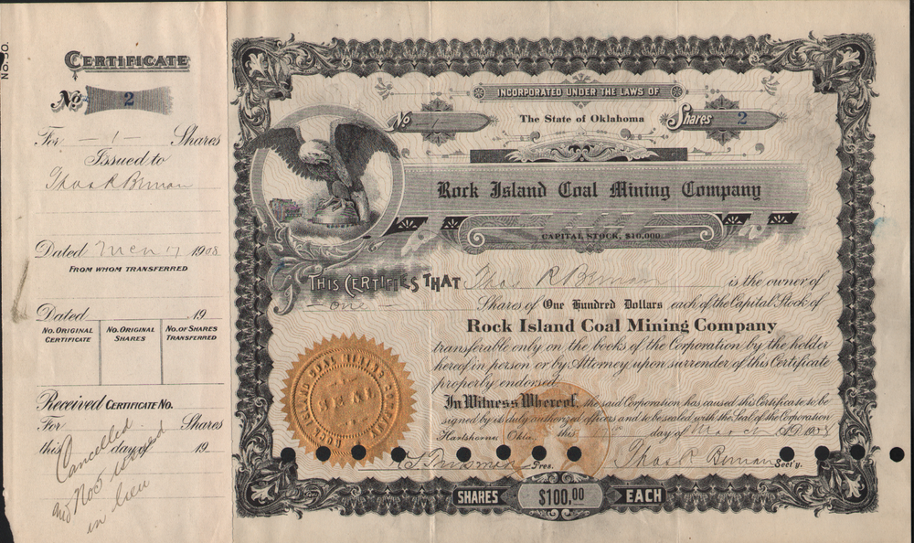 STK Rock Island Coal Mining Co 1908 Hartshorne OK CRIR&P RR Owned